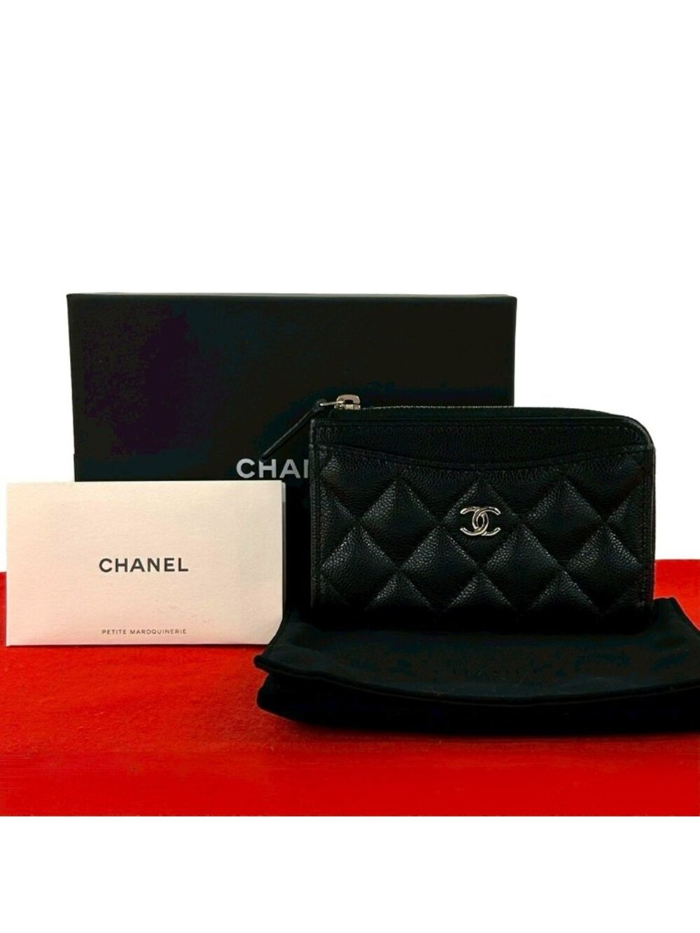 Chanel Box and Seal Fragment Case Quilted CC Logo Caviar Leather Coin Black